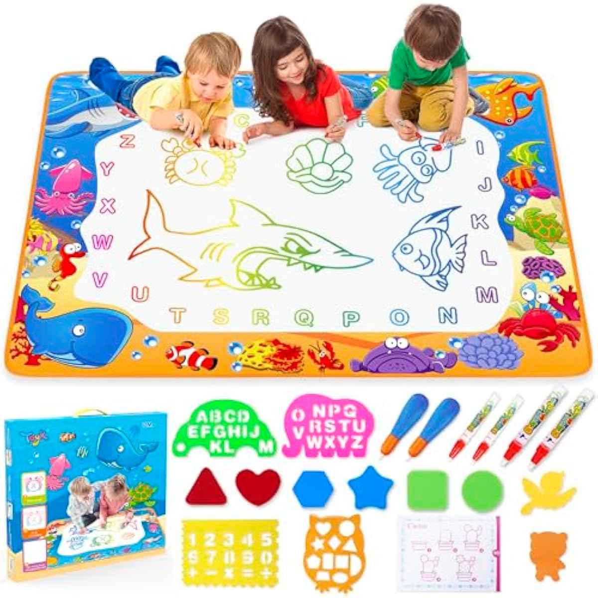 Water Doodle Mat for Kids Painting and Writing, Age 3-7, Magic Pens, Educational Toy Gift for Girls and Boys