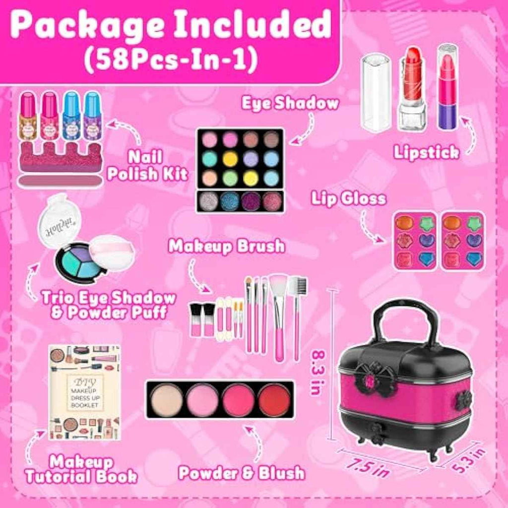 holyhi 58-piece kids makeup kit for girls rose color, princess toys with mirror and washable cosmetics, 3-12 years old
