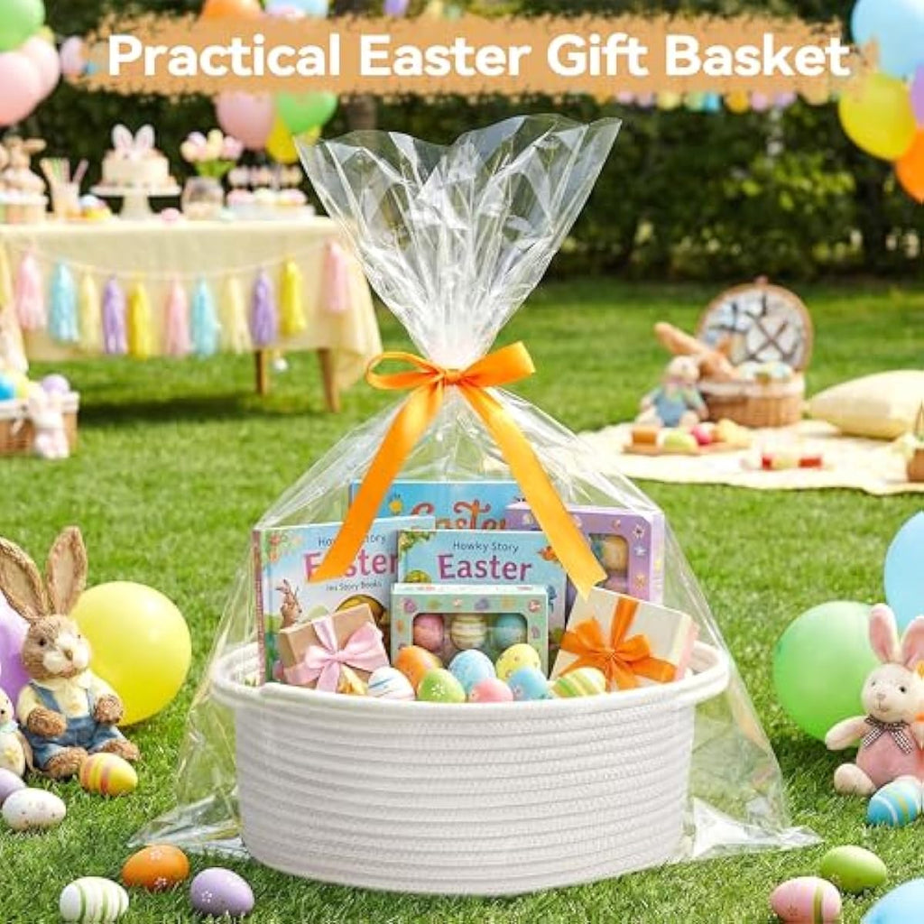 Pro Goleem Small Woven White Easter Basket with Handles, Durable Burr Material, 12" x 8" x 5", Baby Toy Storage