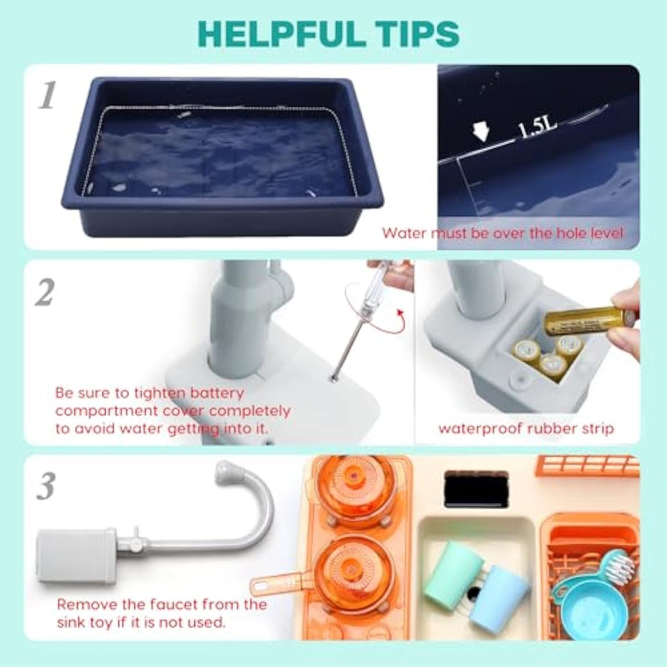 CUTE STONE Pretend Play Kitchen Sink Toys with Play Cooking Stove, Pot and Pan with Spray Realistic Light and Sound, Dish Rack & Play Cutting Food, Utensils Tableware Accessories for Kids Toddlers