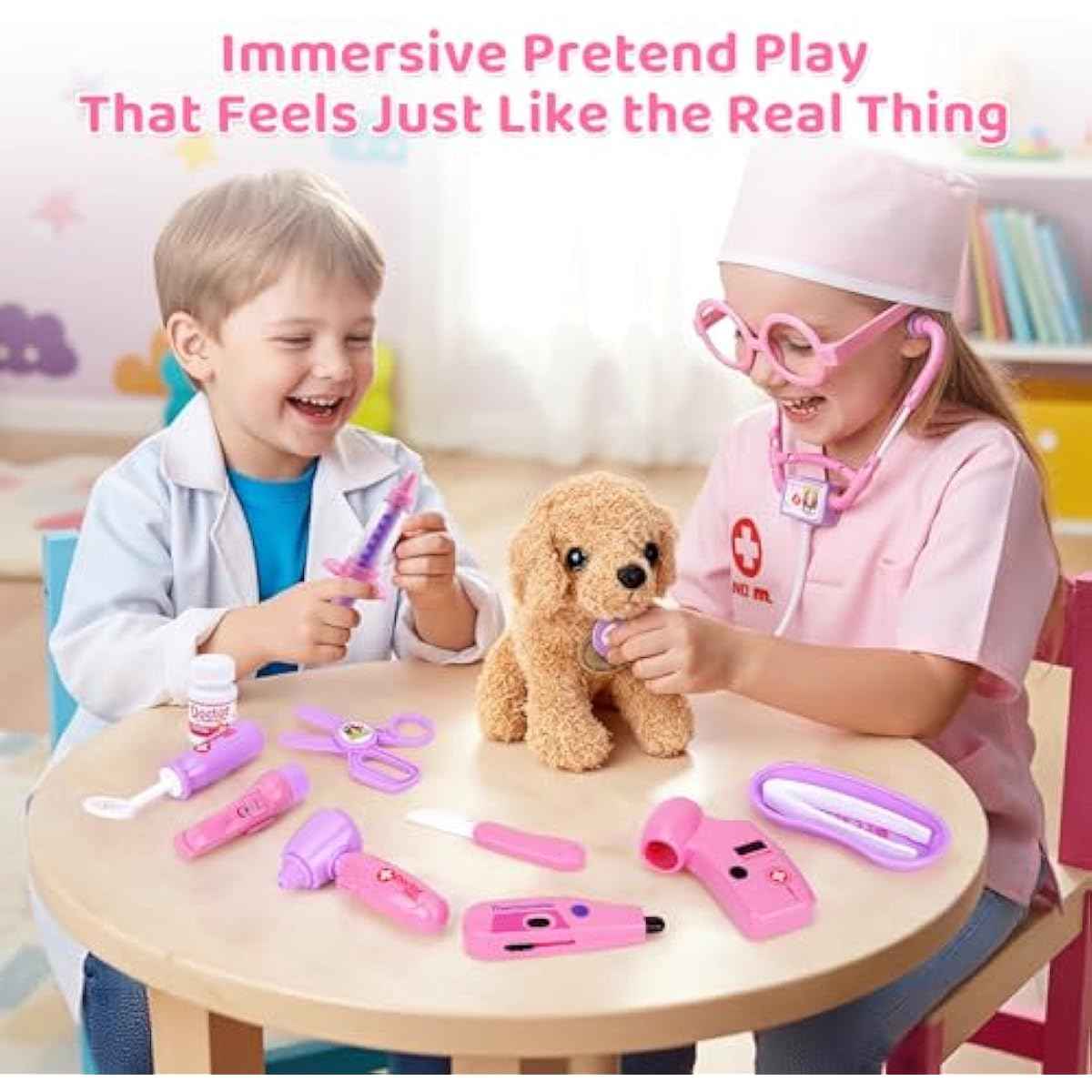Meland Toy Doctor Kit for Girls, Pretend Play Toy with Dog, Stethoscope & Dress Up Costume for Kids Ages 3-6