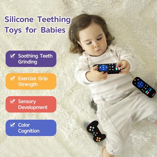Hooku 2 Pack silicone teething toys for babies 0-6 months, teethers for babies 6-12 months with remote teether, sensory toys