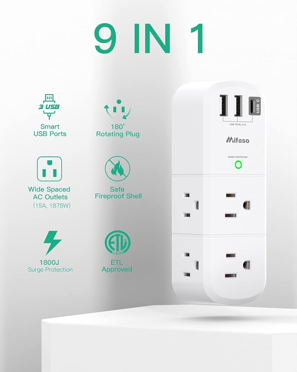 mifaso 3 sided swivel rotating plug surge protector with 6 ac multi plug wall outlets and 3 usb ports