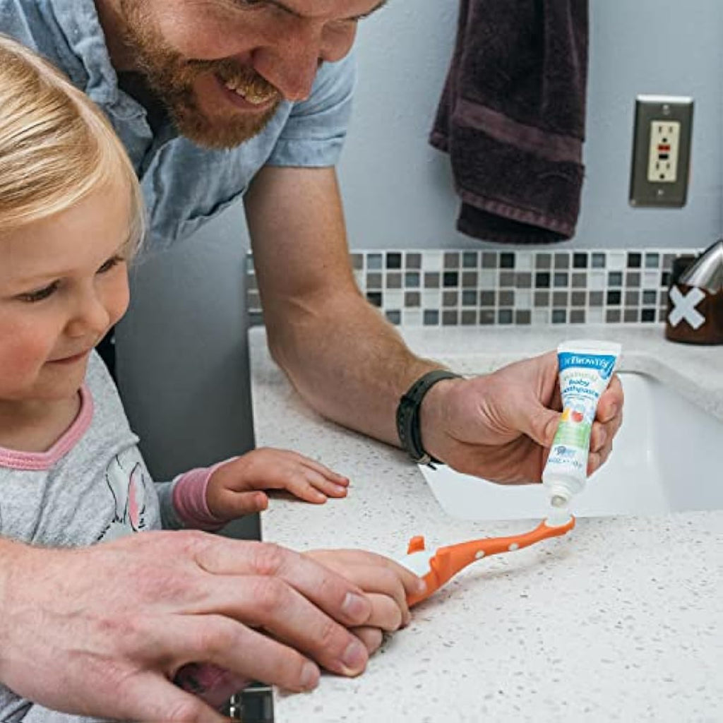 Dr Brown's Baby Toddler Toothbrush Green and Orange Dinosaur 2-Pack Ages 1-4 Years Soft Bristles Suction Cup Base