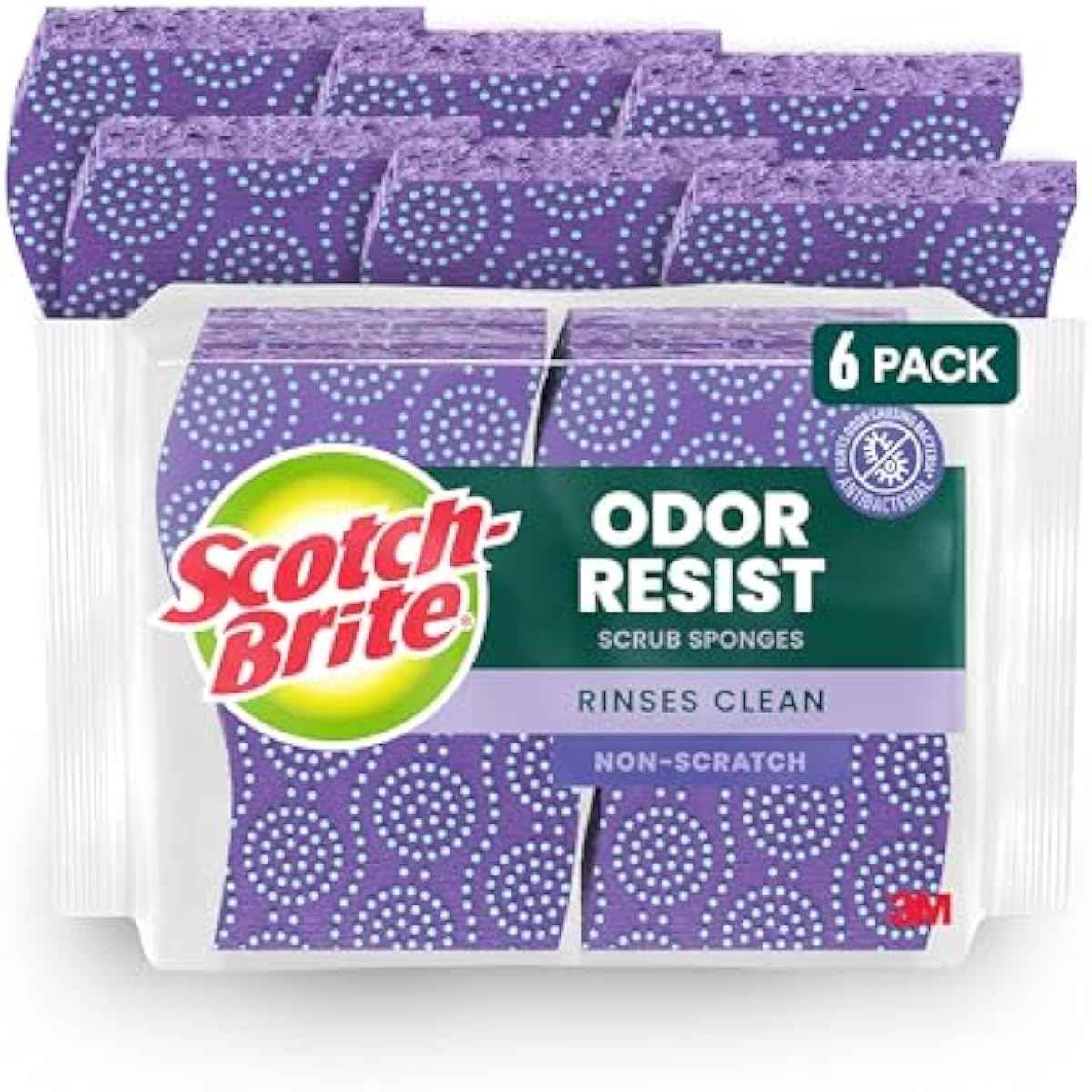 Scotch-Brite Odor Resist Non-Scratch Scrub Sponges, 6 pack, dishwasher-safe, antibacterial-treated, multipurpose kitchen sponges for gentle cleaning