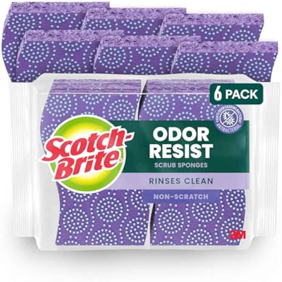 Scotch-Brite Odor Resist Non-Scratch Scrub Sponges, 6 pack, dishwasher-safe, antibacterial-treated, multipurpose kitchen sponges for gentle cleaning