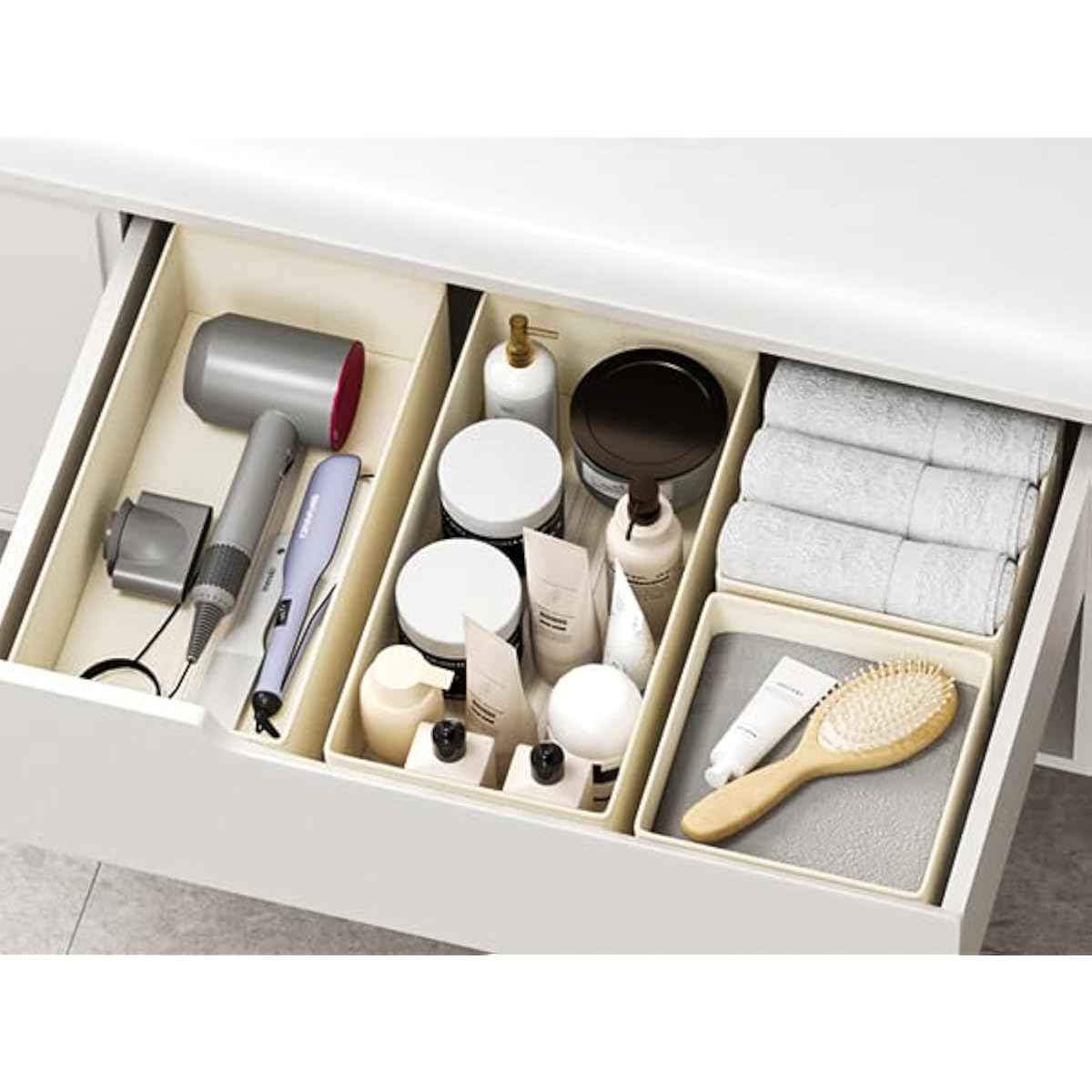 DIMJ Drawer Organizers Clothes, Set of 4 Dresser Organizer Bins, Fabric Closet Organizers and Storage, Shallow Drawer Dividers for Nursery, Clothing, Baby Clothes, Socks, Underwears, Tie (Beige)