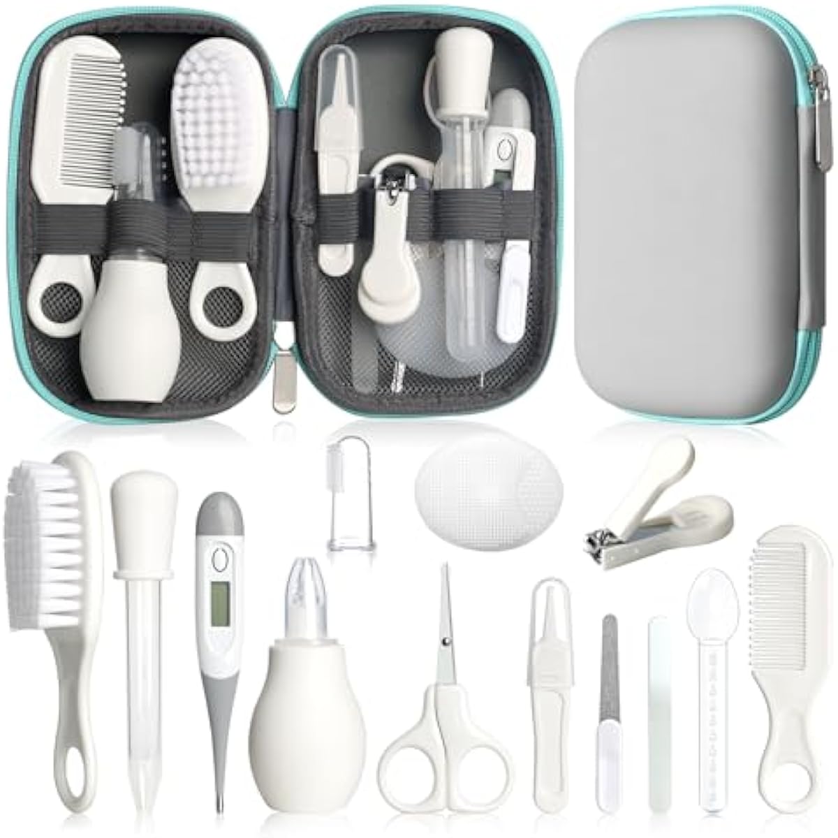 Baby Grooming Kit for Newborn Girls and Boys, Infant Safety Care Set with Hair Brush, Comb, Nail Clipper, Nasal Aspirator, Grey and White