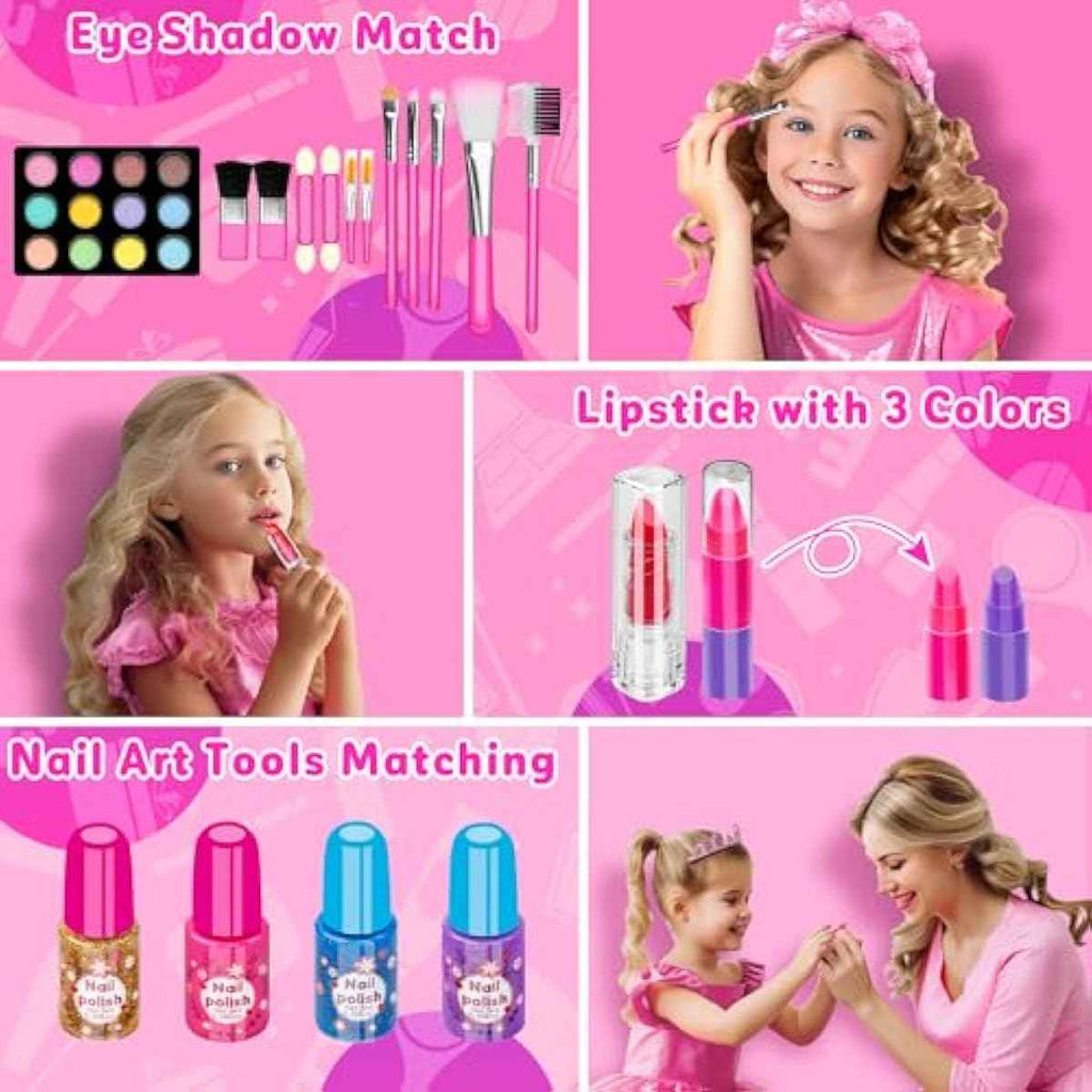 holyhi 58-piece kids makeup kit for girls rose color, princess toys with mirror and washable cosmetics, 3-12 years old