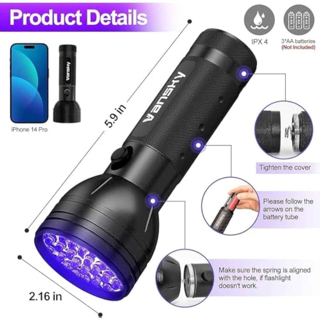Vansky UV Flashlight Black Light, 51 LED Blacklight Pet Urine Detector for Dog/Cat Urine, Dry Stains, Bed Bug, Resin Curing, Scorpions Finder