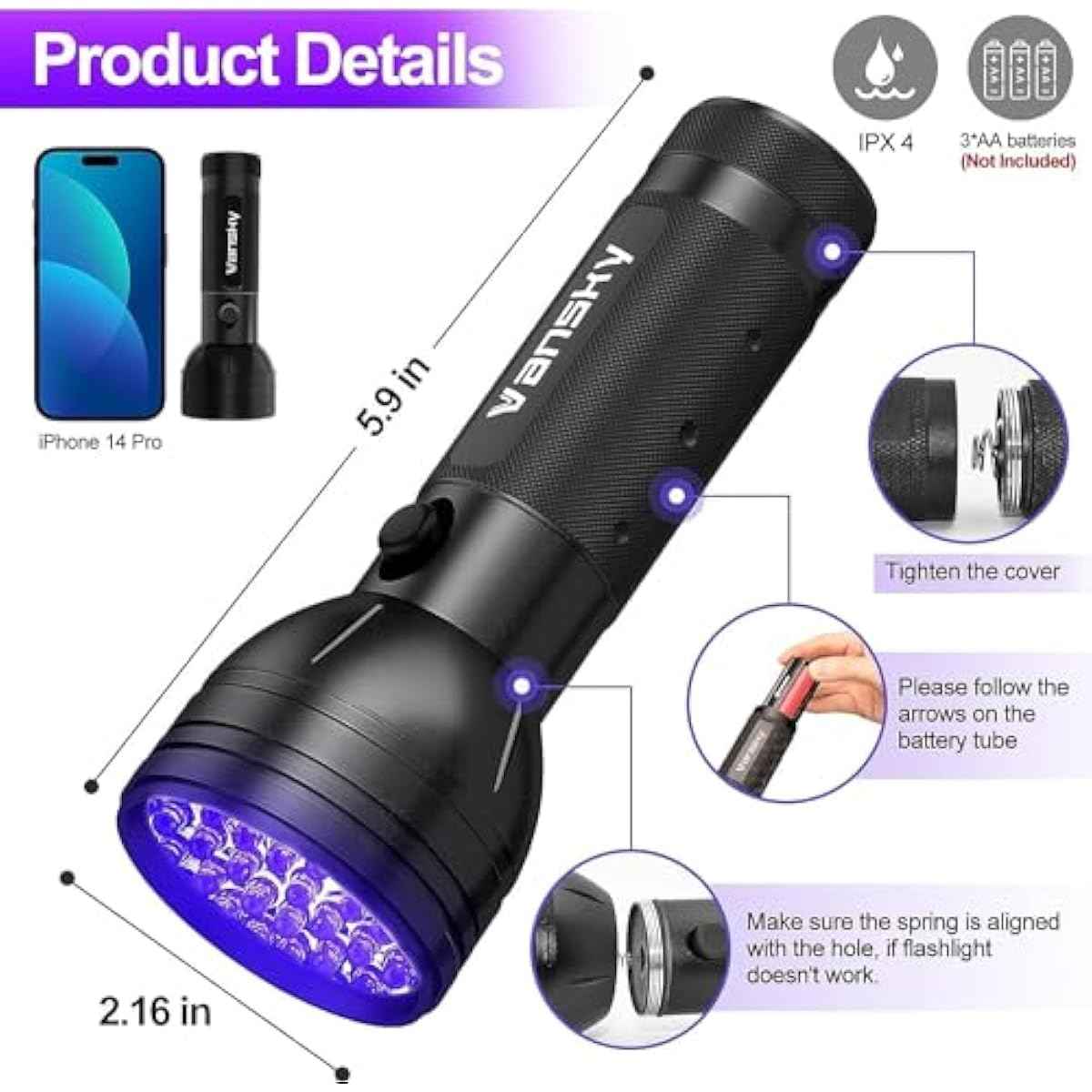 Vansky UV Flashlight Black Light, 51 LED Blacklight Pet Urine Detector for Dog/Cat Urine, Dry Stains, Bed Bug, Resin Curing, Scorpions Finder