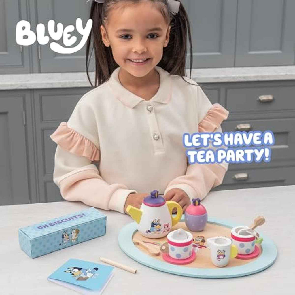 bluey 18-piece wooden tea party set, toddler-friendly tea set with tray, teapot, and utensils