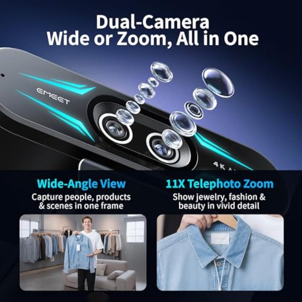 emmeet c60e 4k webcam streaming wide-angle telephoto cameras 11x hybrid zoom pdaf autofocus rgb lighting