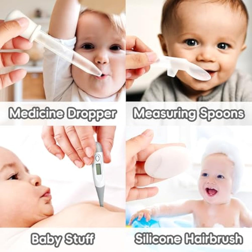 Baby Grooming Kit for Newborn Girls and Boys, Infant Safety Care Set with Hair Brush, Comb, Nail Clipper, Nasal Aspirator, Grey and White
