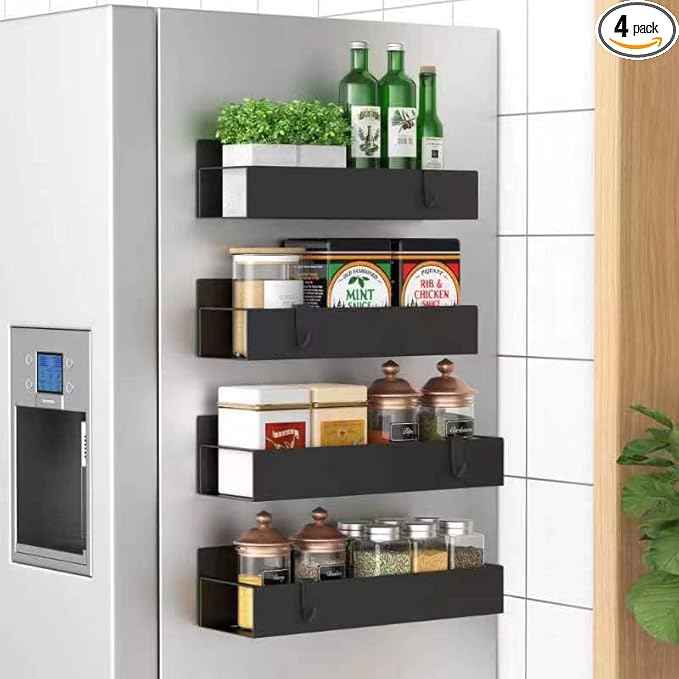 Black Magnetic Spice Storage Rack Organizer for 4 Pack, Refrigerator and Oven, Fridge Organization and Storage Solutions