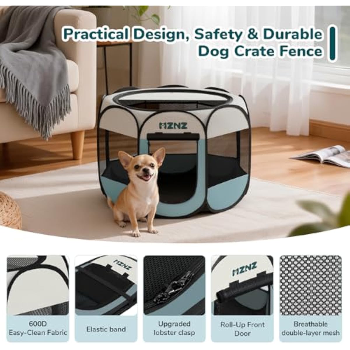 Grey dog cat playpen, portable puppy pet crate for small dogs, cats, rabbits, foldable dog cage enclosure with carrying case