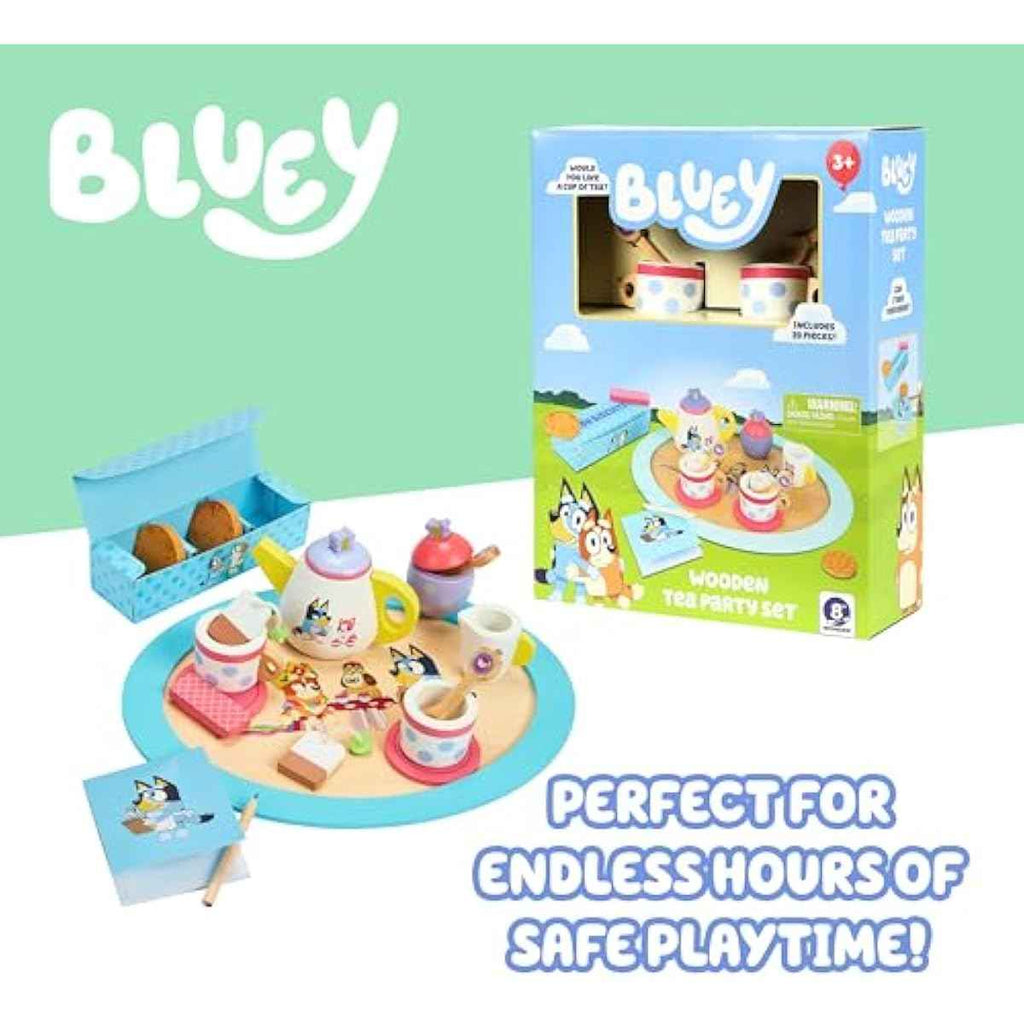 8th Wonder Bluey Toys Wooden Tea Party Set, 18-Piece Durable Toy Tea Set with Tray, Teapot, Teaspoons, and More, Pretend Play for Toddlers of Ages 3+