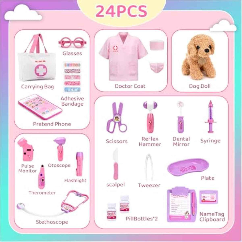Meland Toy Doctor Kit for Girls, Pretend Play Toy with Dog, Stethoscope & Dress Up Costume for Kids Ages 3-6
