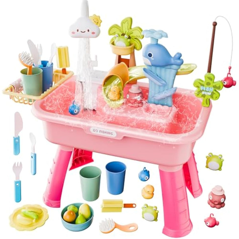 2026 Upgraded Water Table for Toddlers 3+, Water Table for Kids Ages 4-8 with Pump, Play Sink with Running Water, Kitchen Sink for Toddlers, Fishing Game and Outside Sensory Toys (Pink)