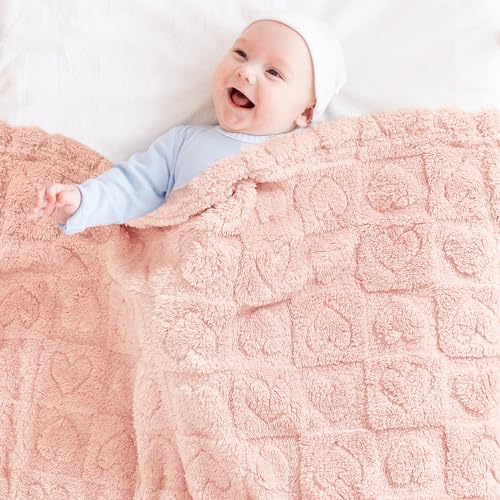 yurhap fleece baby blanket heart checkered ultra soft cozy for girls boys, 30”x40” light pink