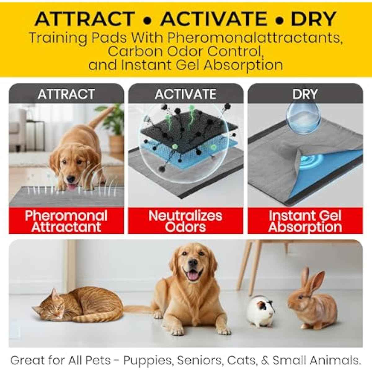 Glad for Pets Black Charcoal Puppy Training Pads with Odor Control and Pheromone Attractant, Leak Resistant Dog Potty Pads for House Training Puppies and Dogs, 23 x 23 in, 50 Count
