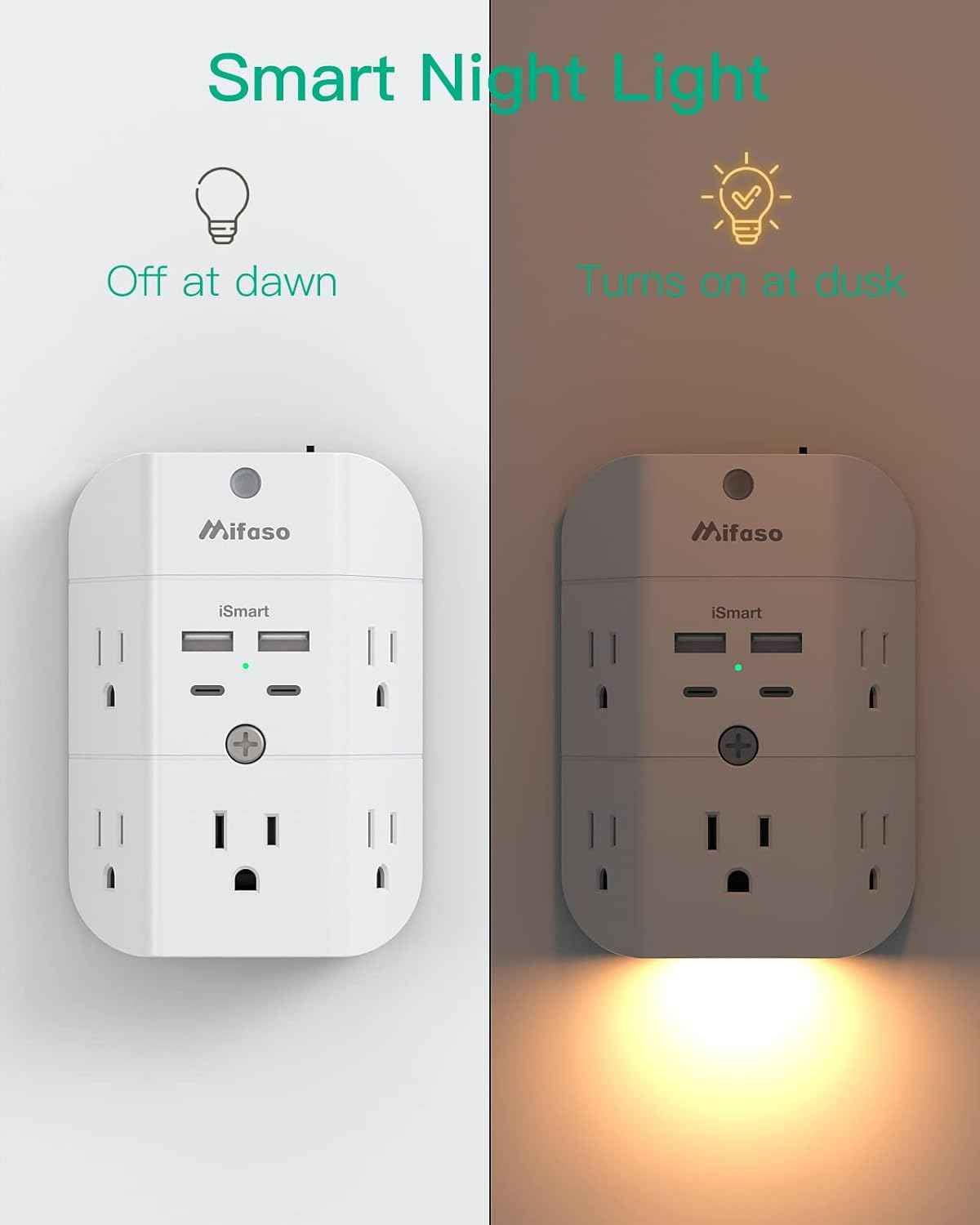 Surge protector outlet extender with night light, 5-outlet splitter, and 4 USB ports for home and dorm room essentials