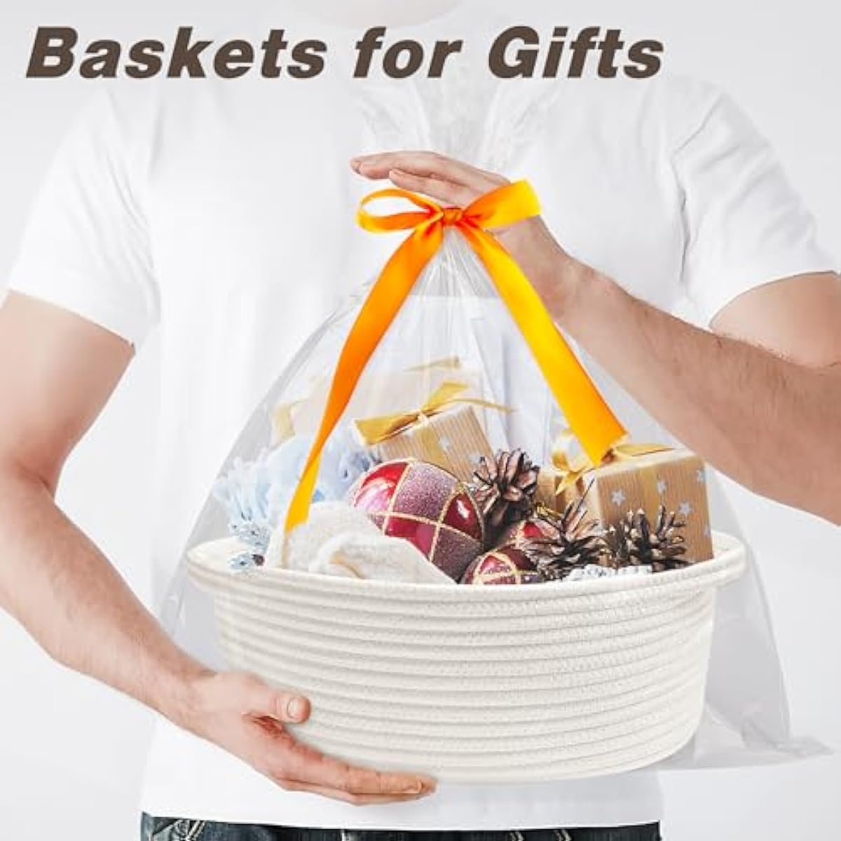 Pro Goleem Small Woven White Easter Basket with Handles, Durable Burr Material, 12" x 8" x 5", Baby Toy Storage
