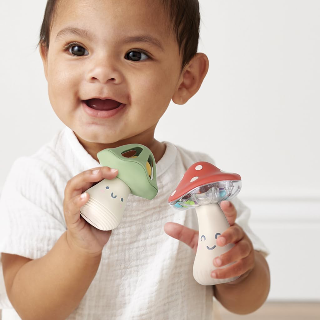 Itzy Ritzy Mini Maracas Musical Rattle Toy – Sensory Baby Toy with Rattle Beads & Jingle Ball for Motor Skills & Auditory Development – for Ages 0 Months and Up (Mushroom)