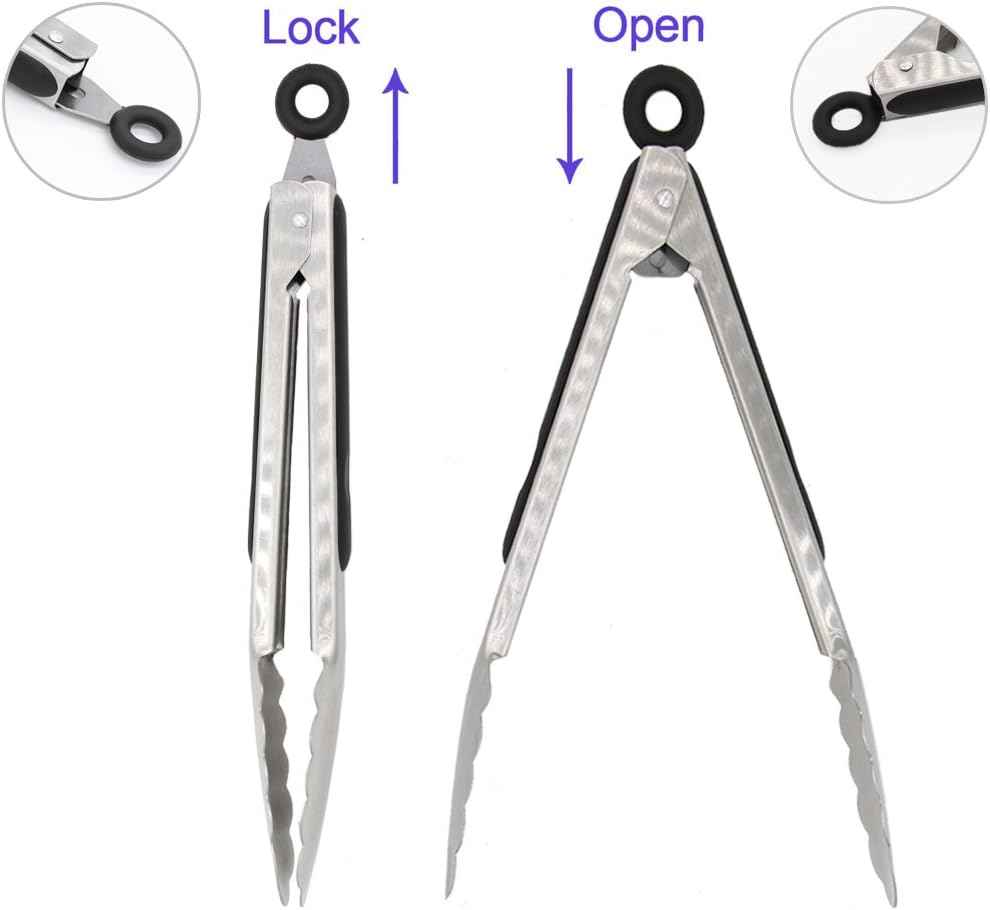 304 Stainless Steel Tongs, 9" and 12" Set, Sturdy Grilling and Barbeque Tongs with Ergonomic Grip, Black