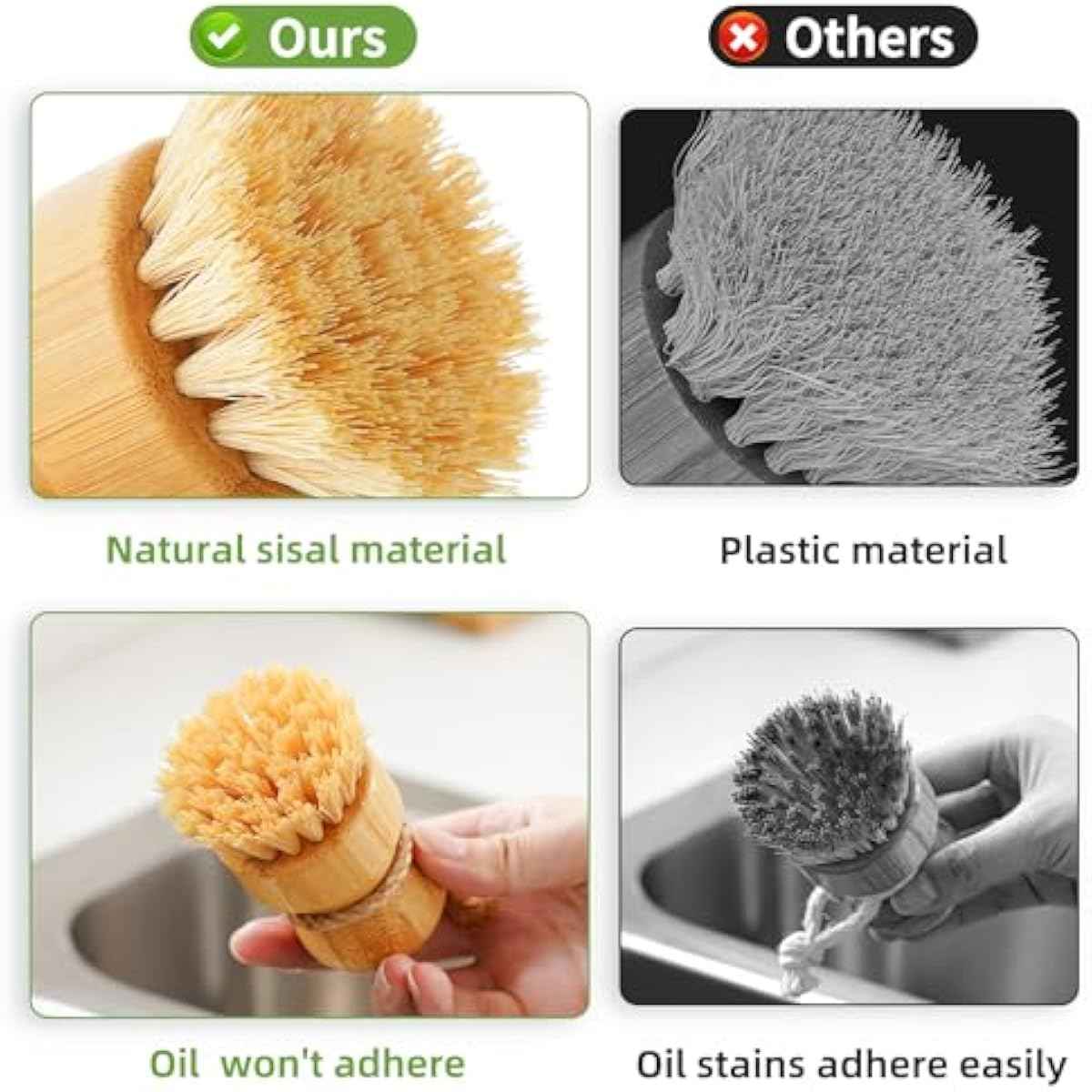 SUBEKYU bamboo kitchen dish scrub brush with natural sisal bristles for gentle cleaning