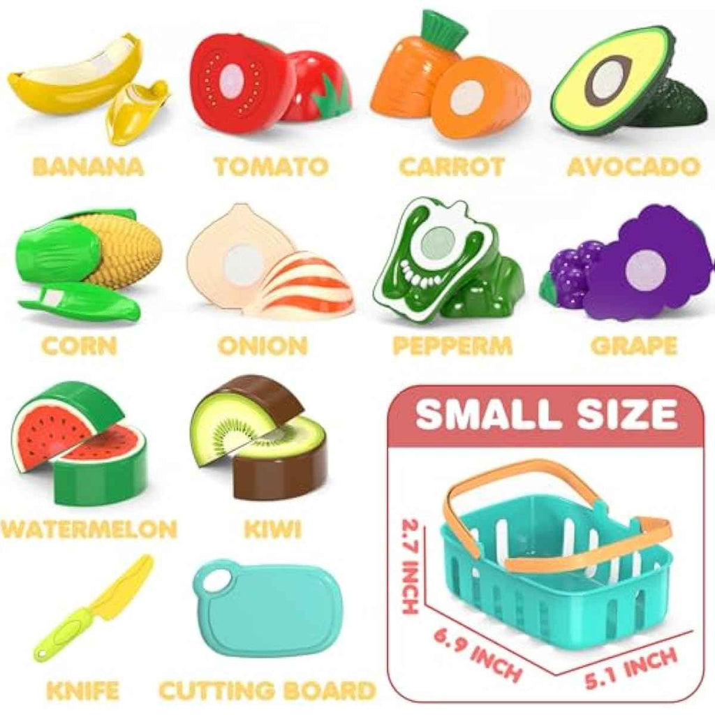 Kids pretend play cutting food toys with storage basket and knives, educational gift for toddlers