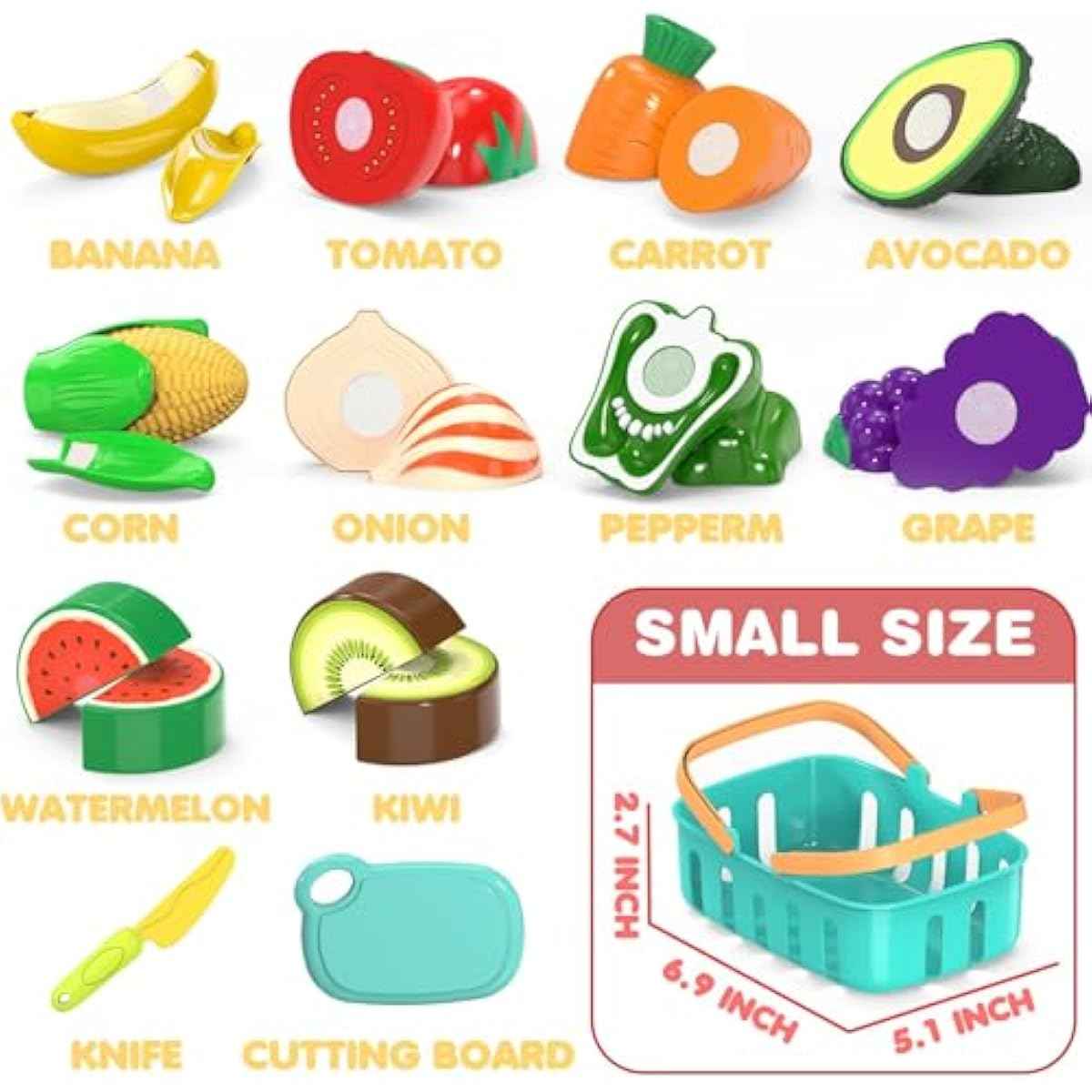 Kids pretend play cutting food toys with storage basket and knives, educational gift for toddlers