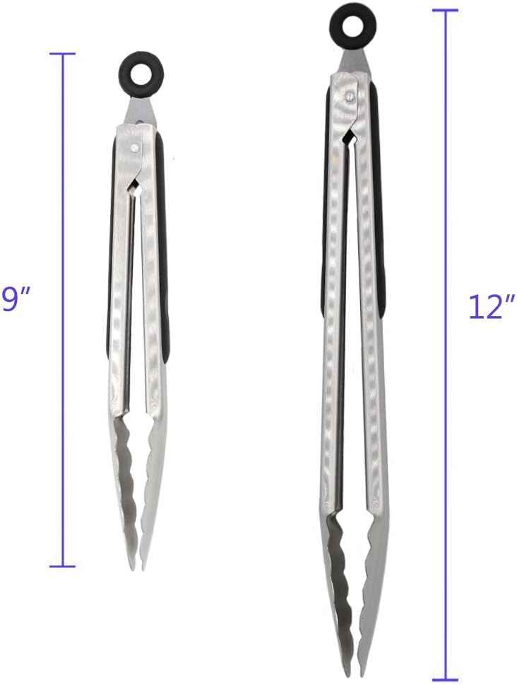 304 Stainless Steel Tongs, 9" and 12" Set, Sturdy Grilling and Barbeque Tongs with Ergonomic Grip, Black