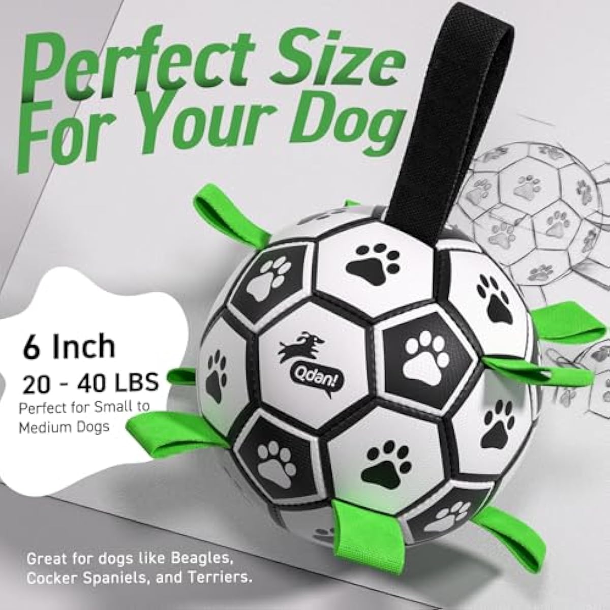 Qdan dog toys 6 inch world cup dog soccer ball with straps for small medium pet outdoor play