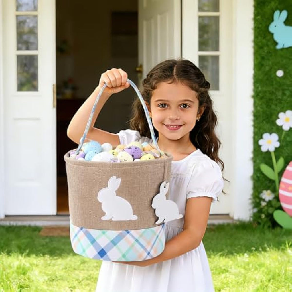 handmade wooden easter bunny basket with diy tag for kids boys girls easter egg hunt storage (blue)
