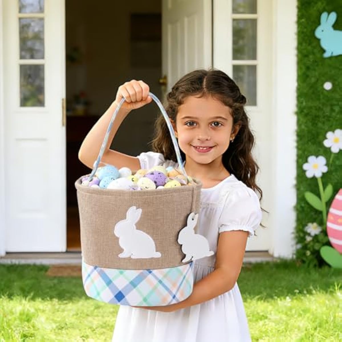 handmade wooden easter bunny basket with diy tag for kids boys girls easter egg hunt storage (blue)