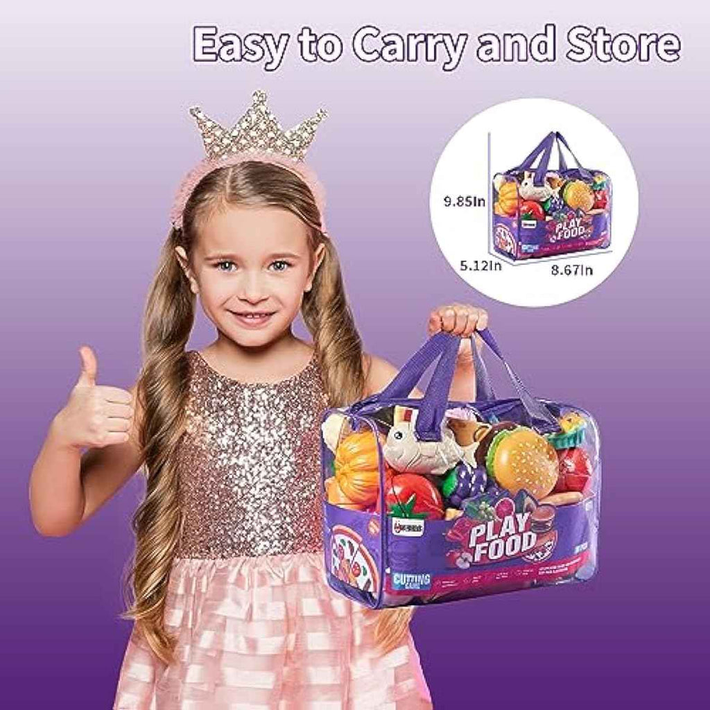 Pretend Play Food for Kids Kitchen, 78Pc Cutting Toy Food with Storage Bag