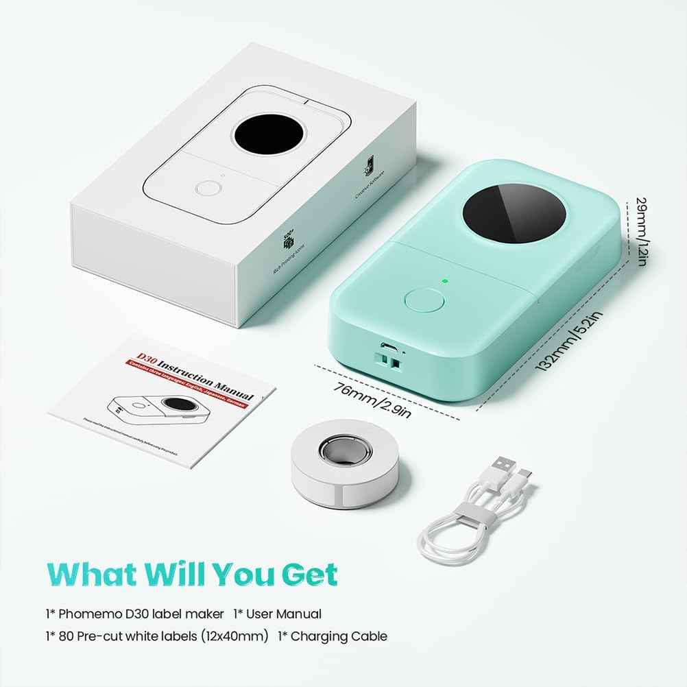 Phomemo Label Maker, D30 Portable Bluetooth Mini Label Printer Machine, Smartphone Handheld Thermal Sticker Small Labeler Multiple Templates Fonts Icon Inkless Custom Label for Home Kids, School Item