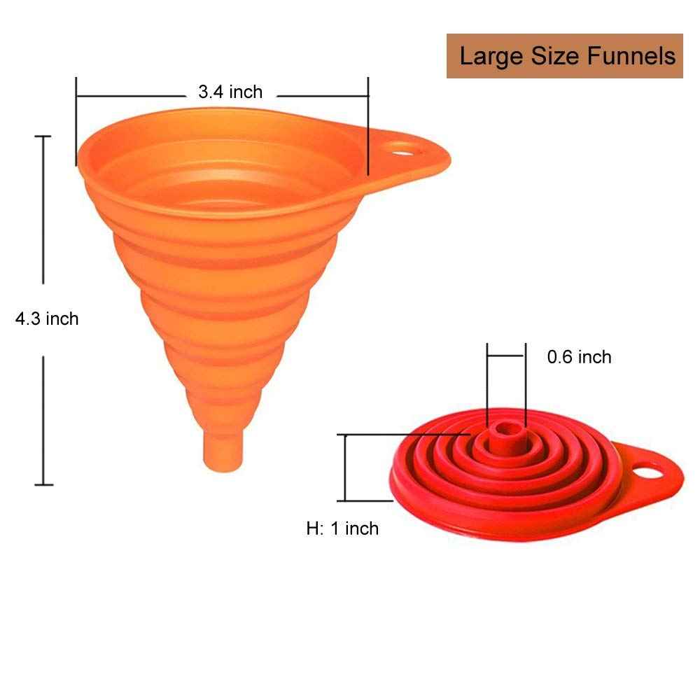 kongnai kitchen funnel set 4 pack, small and large, food-grade silicone collapsible funnels for liquid transfer