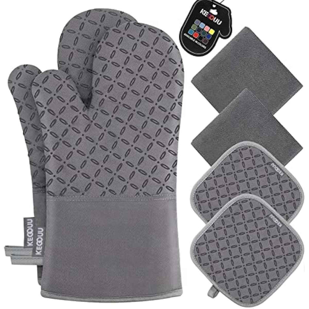 Oven Mitts and Pot Holders 6pcs Set with Non-Slip Silicone Surface, Grey
