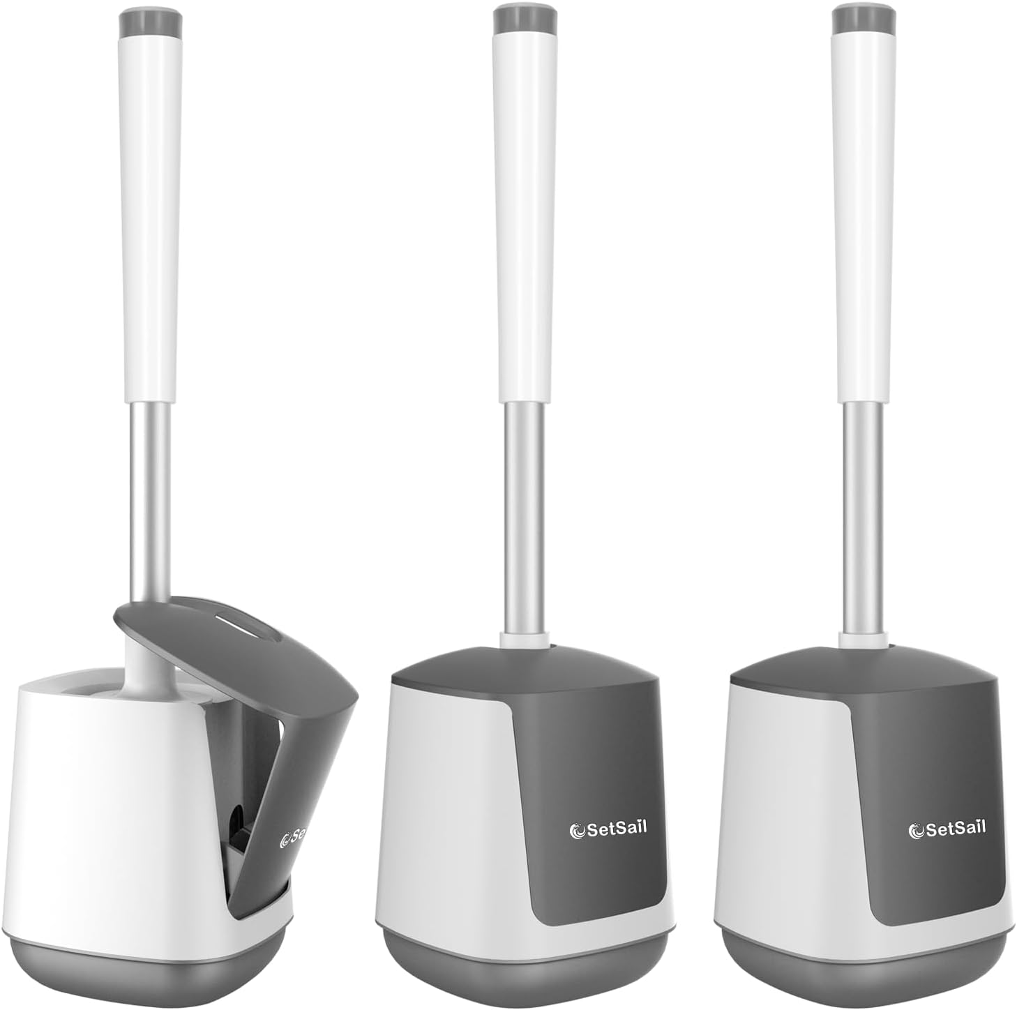 Setsail toilet brush and holder set, self-closing lid, long handle, easy cleaning, bathroom cleaning essentials