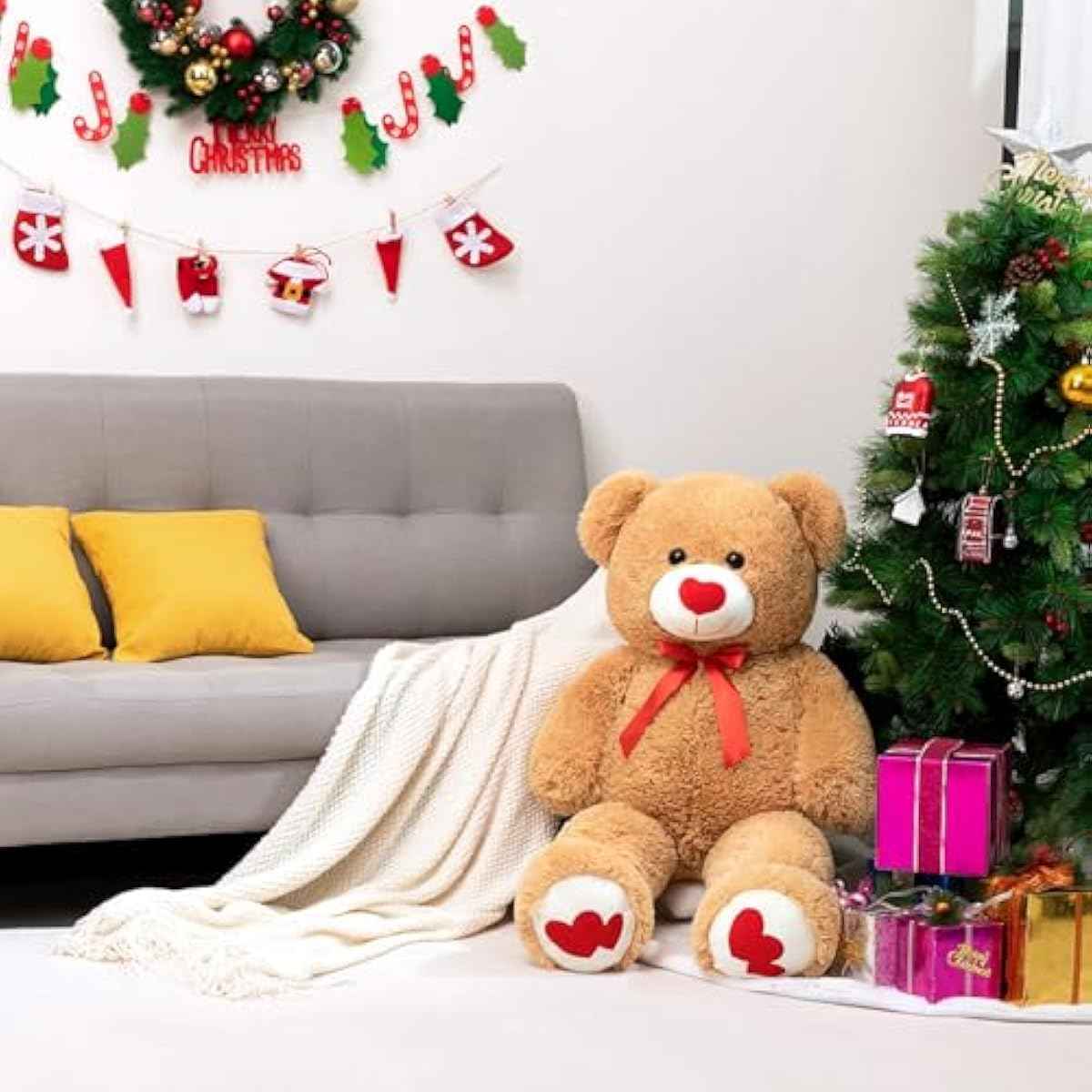 HollyHOME Big Teddy Bear Stuffed Animal Valentines Large Bear Plush with Red Heart for Girlfriend and Kids Valentines 36 inch Tan