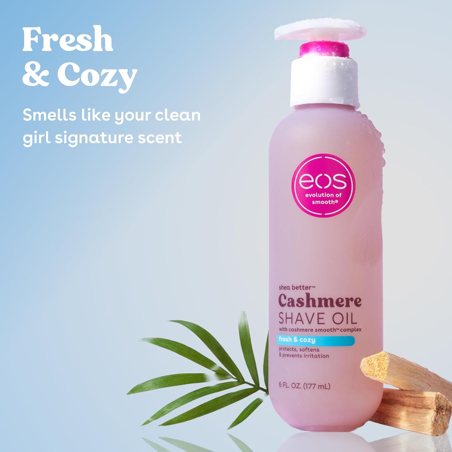 eos cashmere shave oil, 6 fl oz, shea butter, glycerin, vegan, fresh & cozy, razor burn prevention