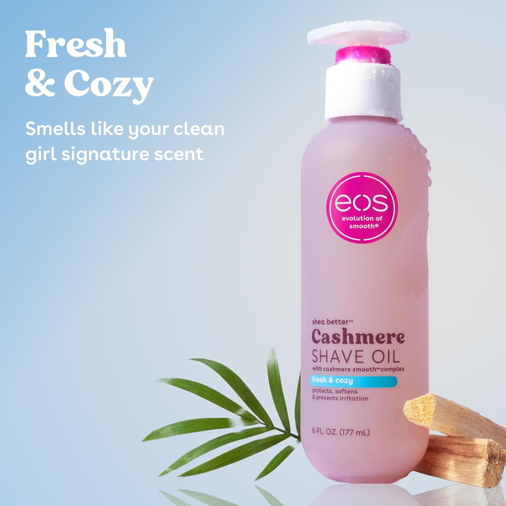 eos cashmere shave oil, 6 fl oz, shea butter, glycerin, vegan, fresh & cozy, razor burn prevention