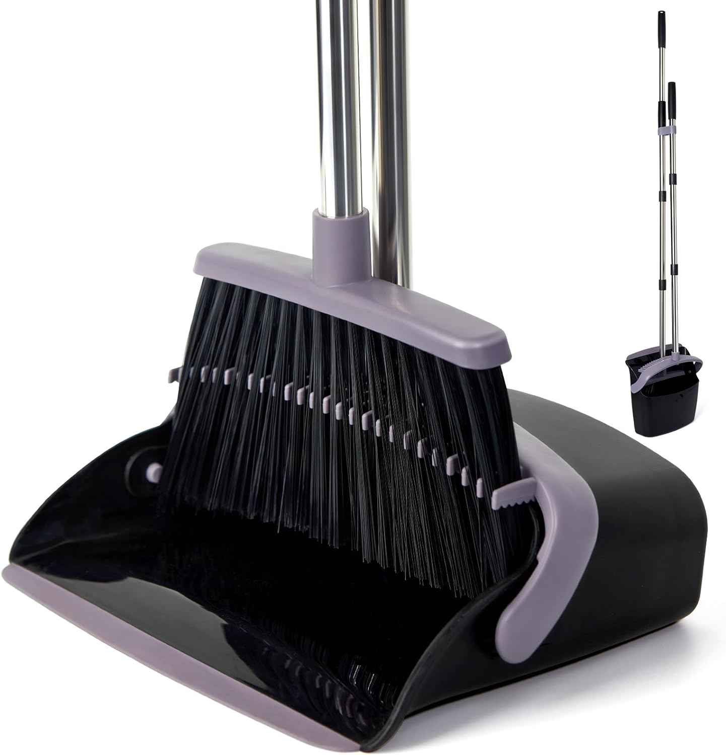 Broom and Dustpan Set with Long Handle, Light Weight Stainless Steel Poles Stand Upright Dustpans with Broom Combo for Home Kitchen Office Pet Dog Hair, Brown & Beige Color, 1-Pack