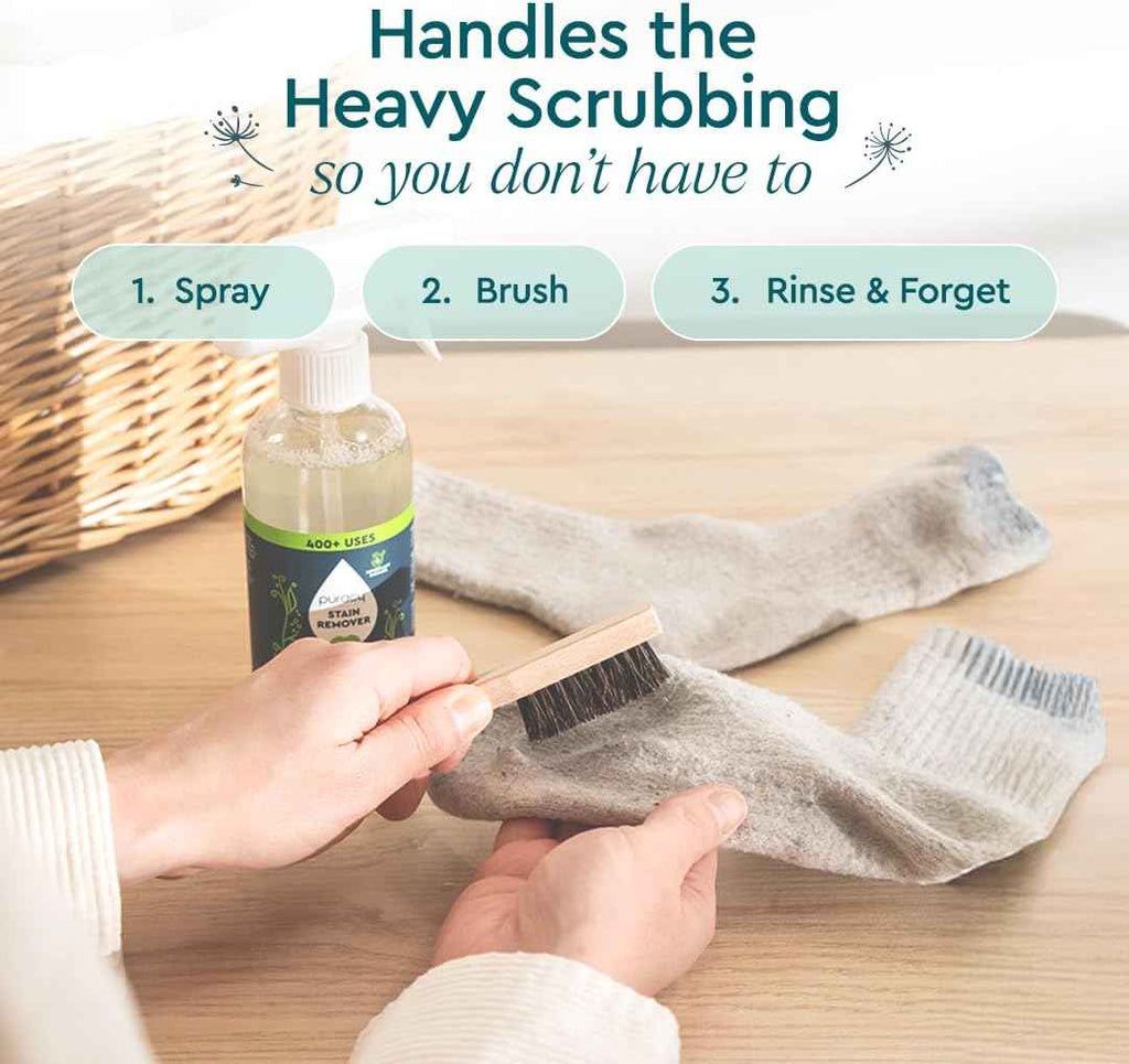 Puracy Laundry Stain Remover Brush - Vegan Bristles for Tough, Deep, and Aged Stain Elimination