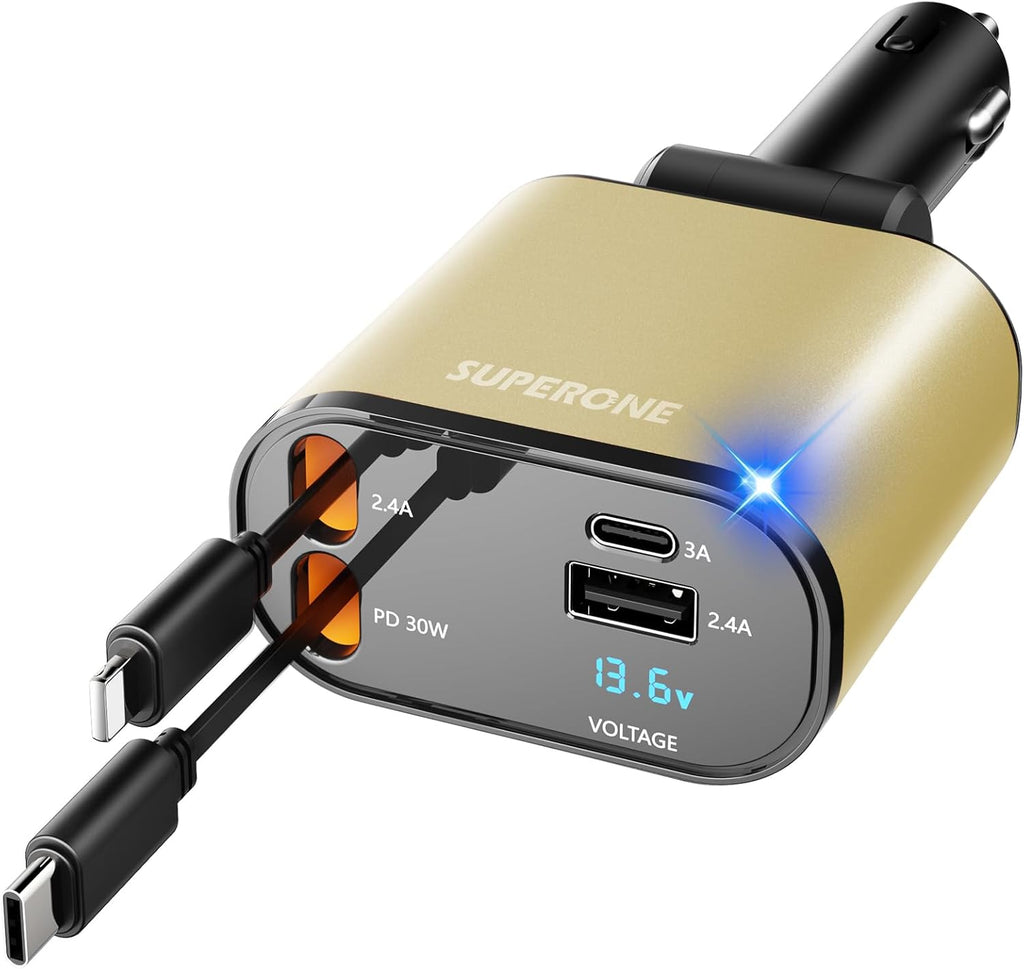 ‹ېUpgraded‹ÛÔ SUPERONE Retractable Car Charger 4 in 1, Fast Car Phone Charger with Cord 2.6ft, USB C and Apple Car Adapter, Compatible with iPhone 17 16 15/15 Pro Max/14/13/12/11, Galaxy, Pixel - ShopUS