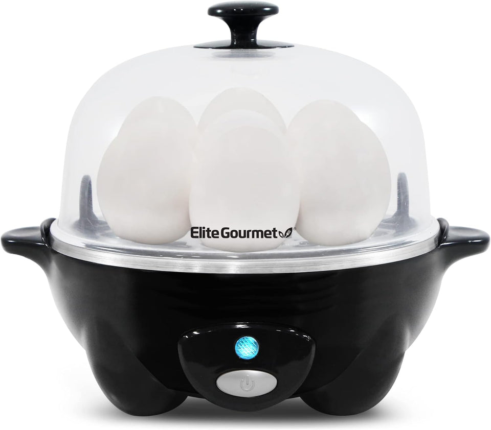 Elite Gourmet EGC-007B# Rapid Egg Cooker, 7 Easy-To-Peel, Hard, Medium, Soft Boiled Eggs, Poacher, Omelet Maker, Auto Shut-Off, Alarm, 16-Recipe Booklet, Black