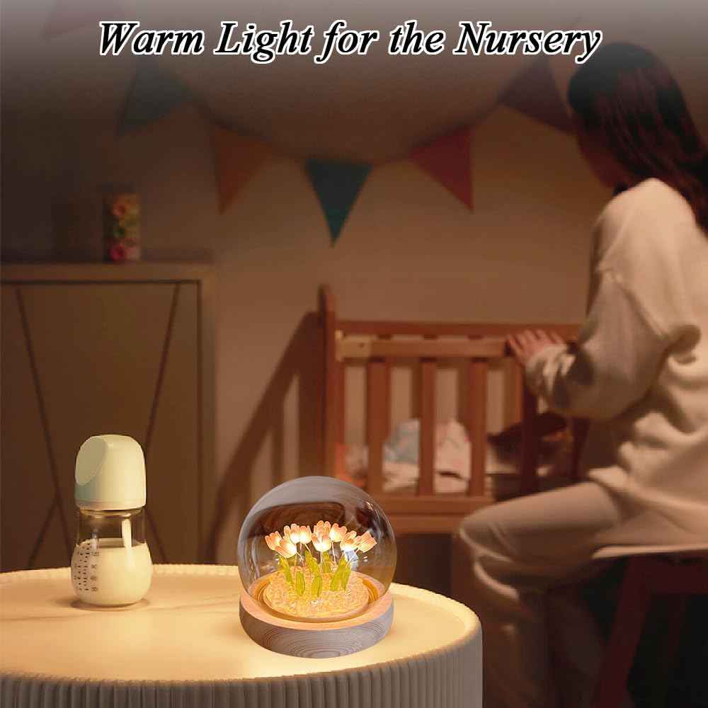 Flower night light with 10 led tulip, 3.93 inch glass cover, wooden base and usb plug for home decor