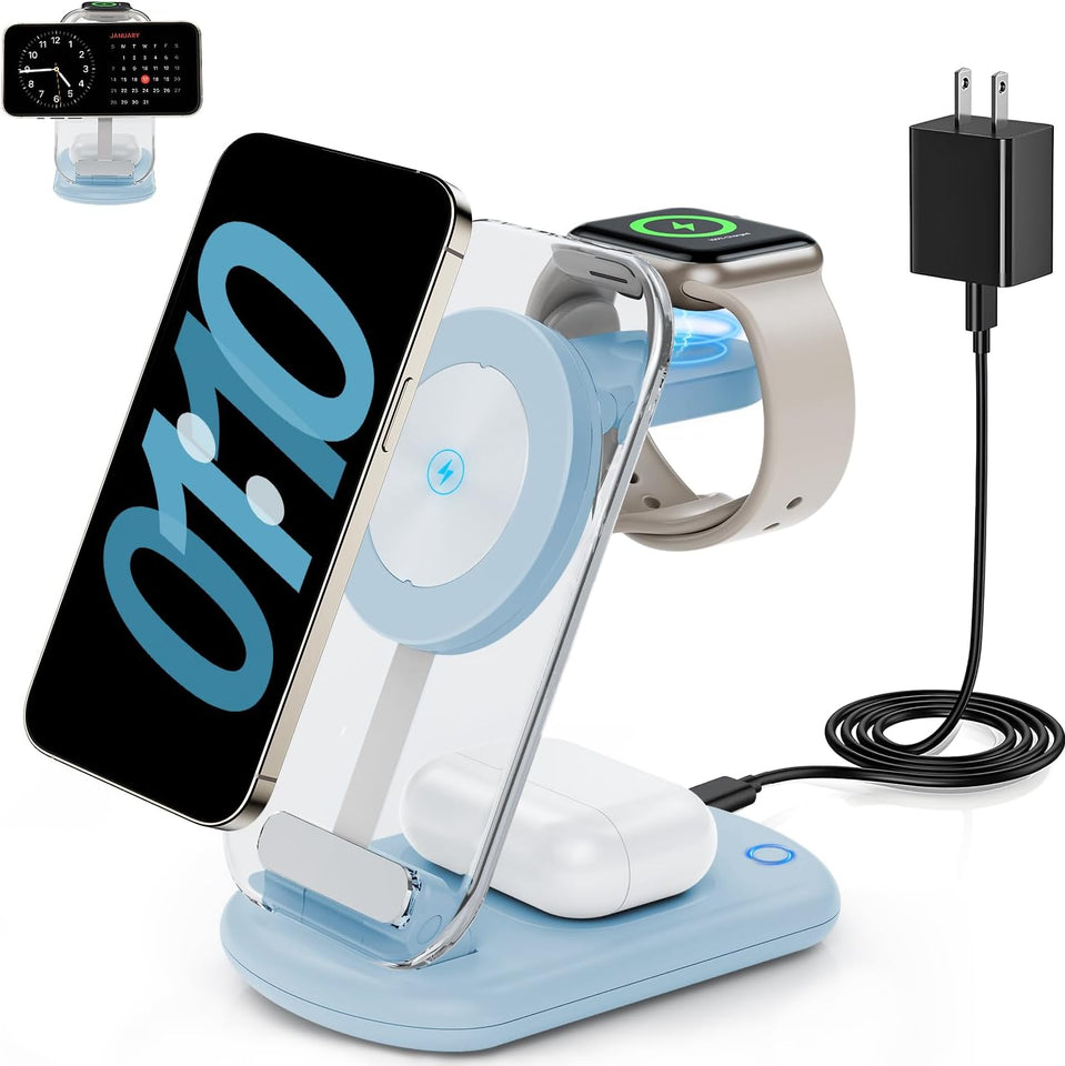 2025 Traveling Wireless Mag-Safe Fast Charging Station,Magnetic 3 in 1 Charger with Light for iPhone 17 16 15 14 13 12 Pro Max Plus,Apple Watch& Air pods 4 3 2 Pro-Gifts for Wife & Husband(White) - ShopUS